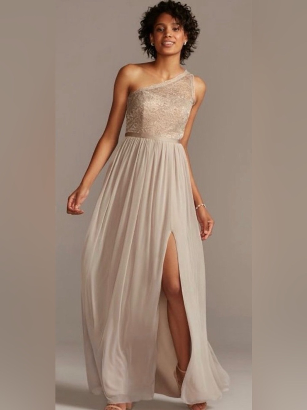NWT David's Bridal Long One Shoulder Lace Gold Metallic Bridesmaid Dress, Sz 12